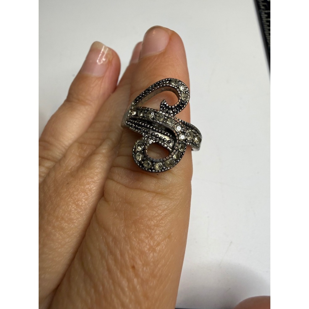 Silver Tone Rhinestone Swirl Statement Ring Size 8.5 Pave S-Curve Cocktail Ring